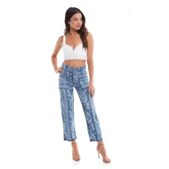 Free People Island Vibes‎ Linen Blend Cropped Pant Blue Size 25 - Picture 1 of 12